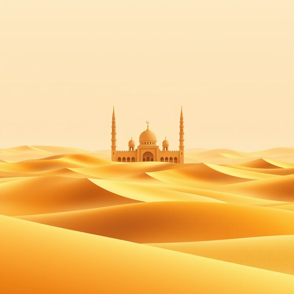 Ultra-high-definition gradient illustration of Oum Tiour, El Oued, Algeria, featuring the Souf Mosque, Grand Erg Oriental sand dunes, and sandbread.