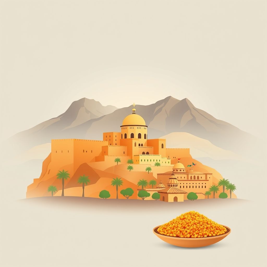 Ultra-high-definition gradient illustration of Sidi Tifour, Boualem, El Bayadh, Algeria, featuring the Ksar of El Bayadh, Atlas Mountains, El Mechouar Palace, and couscous.