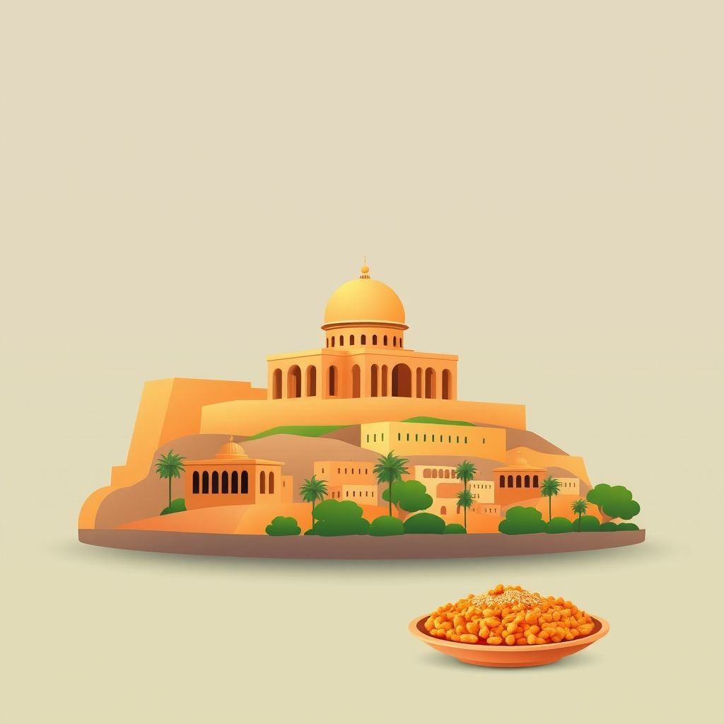 Ultra-high-definition gradient illustration of Tipaza, featuring the Royal Mausoleum of Mauretania, the ancient city of Tipasa, and couscous.