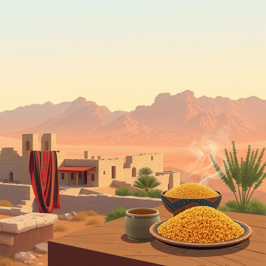 Ultra-high-definition gradient illustration of Bordj Bounaama, featuring the ancient ruins of Tissemsilt, Ouarsenis Mountains, Berber textiles, and couscous.
