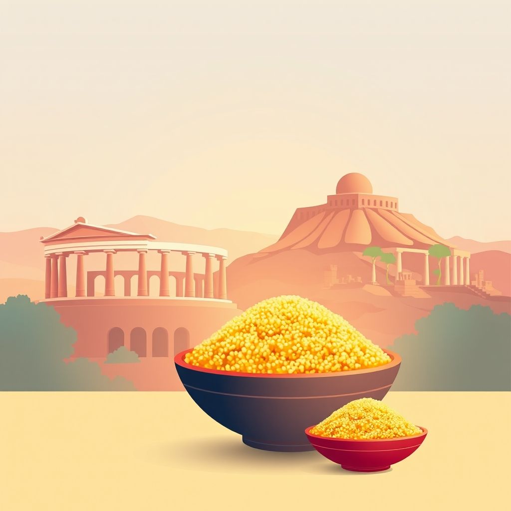 Ultra-high-definition gradient illustration of Gourigueur, Bir Mokadem, Tebessa, Algeria, featuring the Tebessa Roman Theatre, El Oueldja, and couscous.
