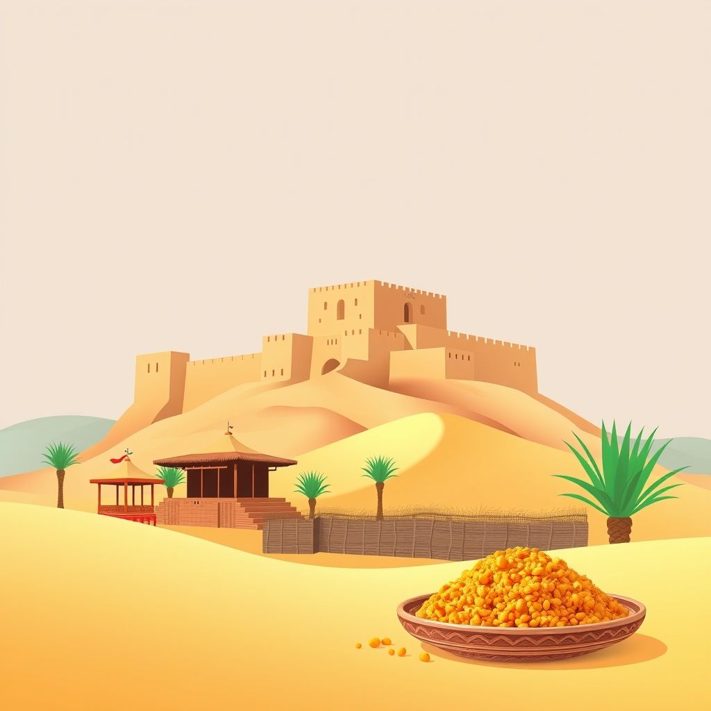 Ultra-high-definition gradient illustration of Ouled Khoudir, Bechar, Algeria, featuring Taghit Fort, Grand Erg Occidental sand dunes, traditional architecture, local textiles, and Algerian couscous.