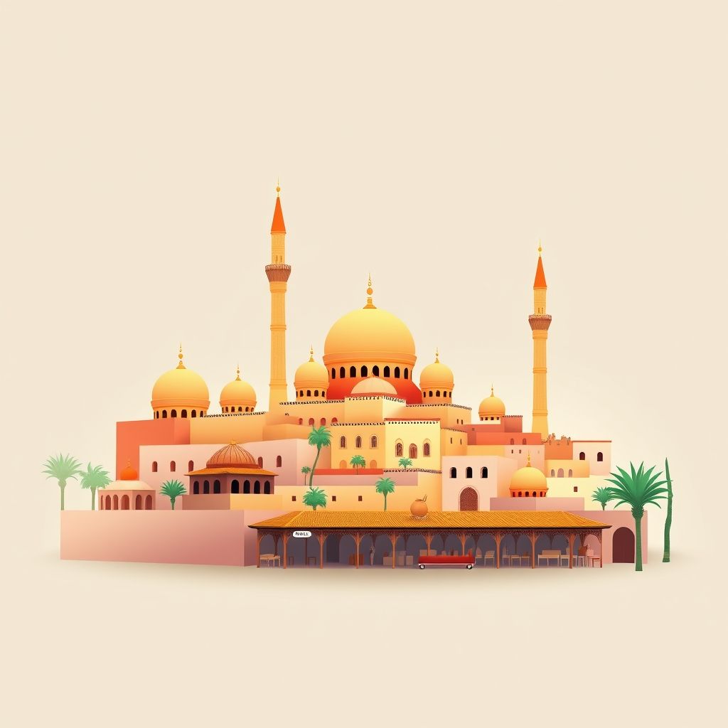 Ultra-high-definition gradient illustration of Djebahia, Kadiria, Bouira, Algeria, featuring historic mosques, traditional markets, couscous, and pottery.