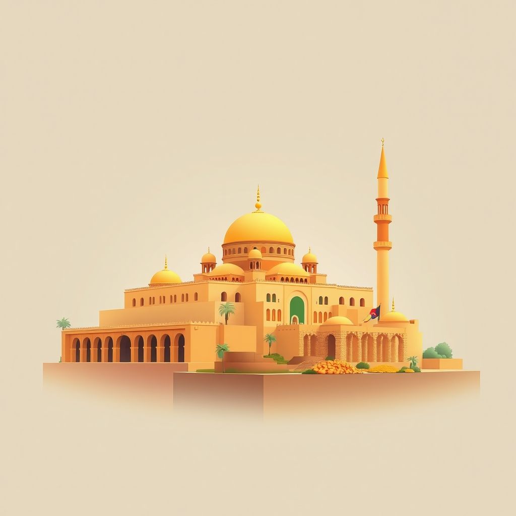 Ultra-high-definition gradient illustration of Oum Ali, Tebessa, Algeria, featuring El Ma El Biod Mosque, Roman ruins, and couscous.