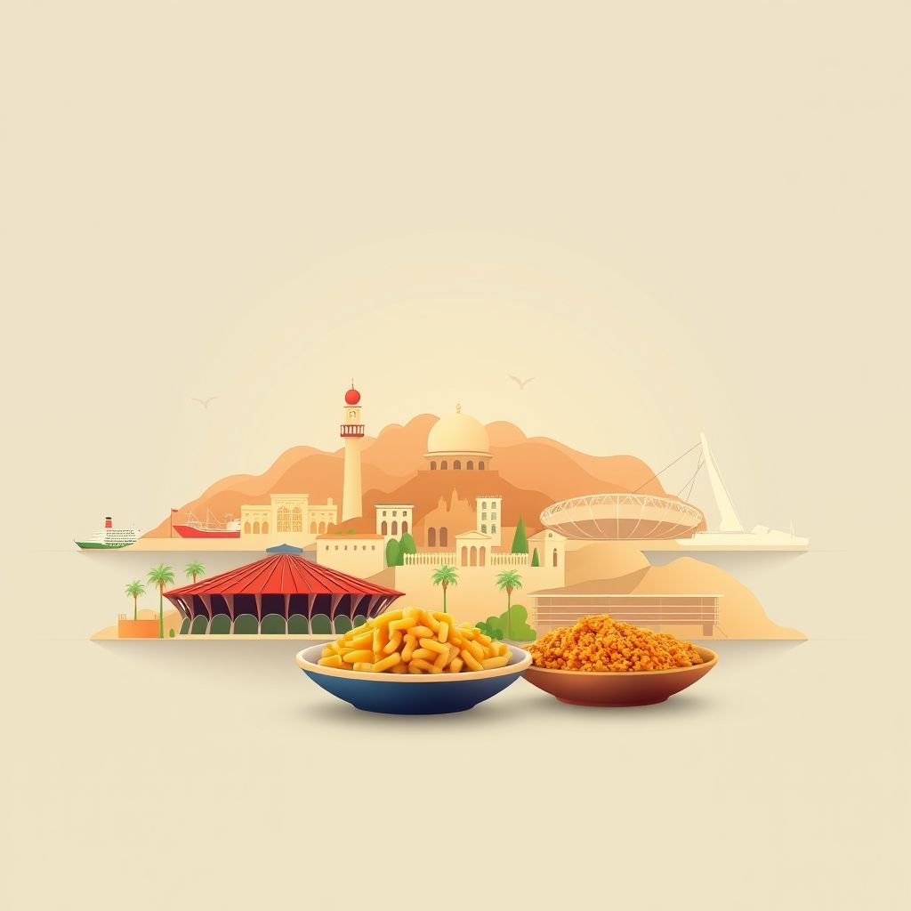 High-definition gradient illustration of Kheng Mayoum, Ouled Attia, Skikda, Algeria, featuring Skikda Port, Stade 20 Août 1955, and couscous.