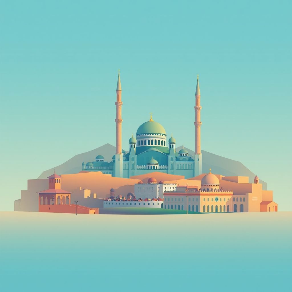 Ultra-high-definition gradient illustration of Tlemcen, featuring the Great Mosque and El Mechouar Palace.
