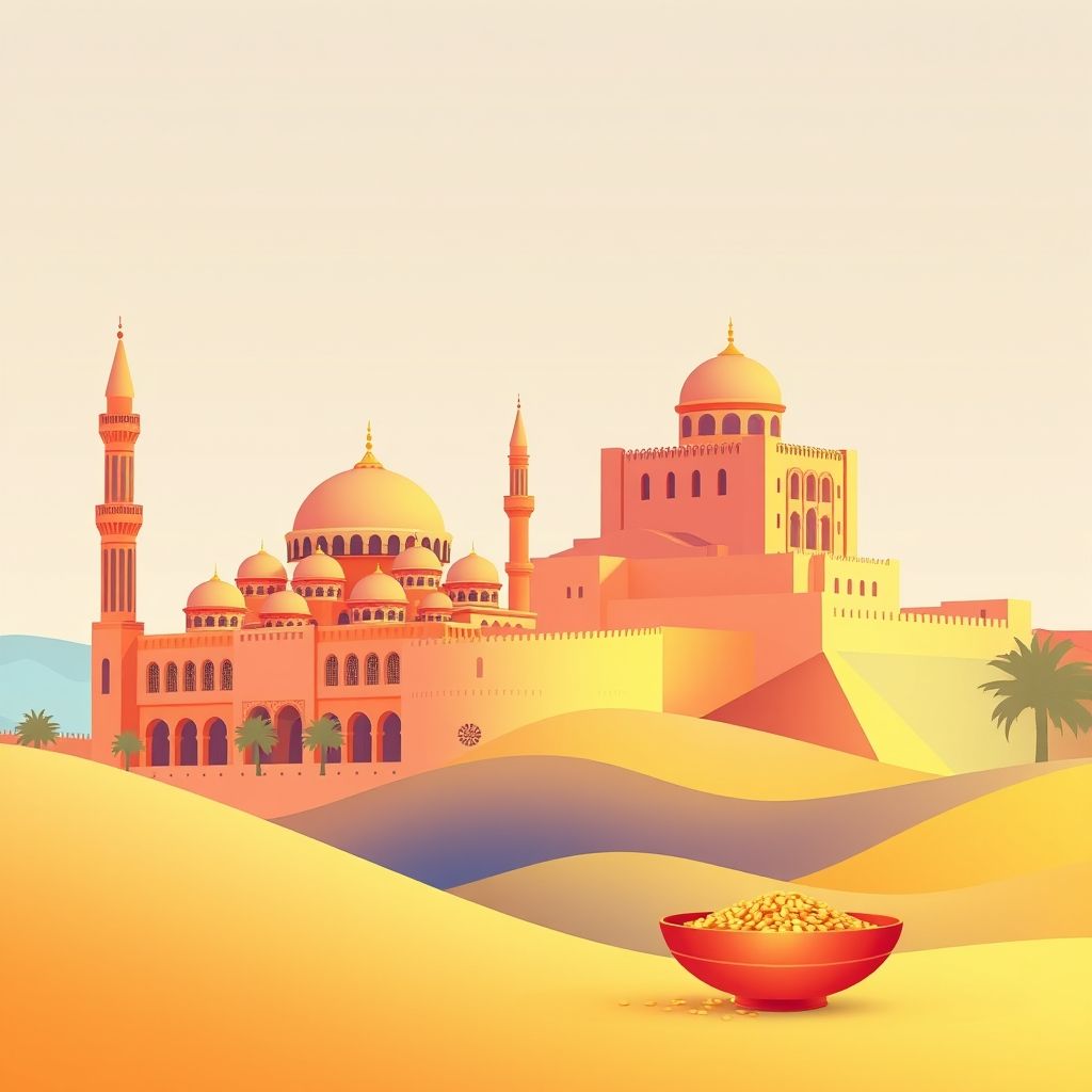 Ultra-high-definition gradient illustration of Oued Chouly, Ouled Mimoun, Tlemcen, Algeria, featuring the Great Mosque of Tlemcen, Mansourah, and couscous.