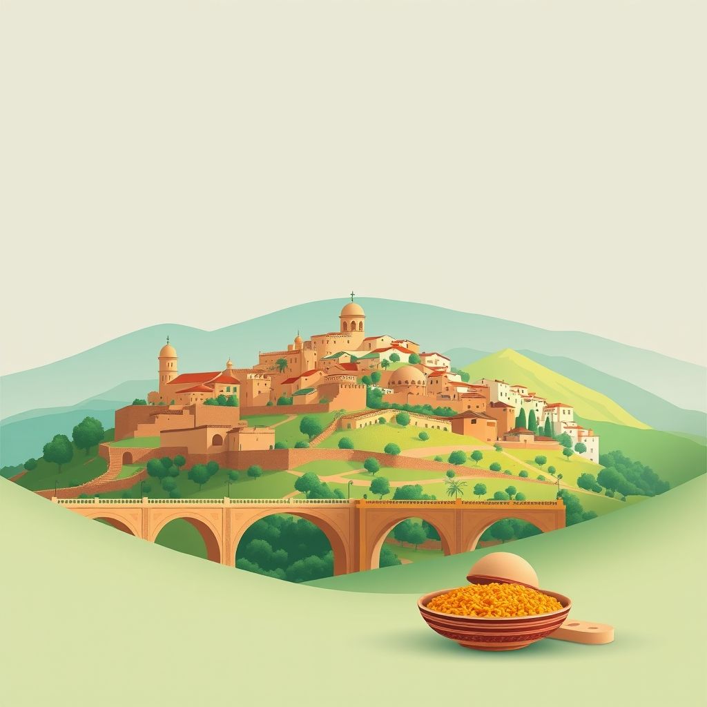 Ultra-high-definition gradient illustration of Beni Hamidene, featuring lush green hills, traditional Berber architecture, Constantine bridges, and Algerian couscous.