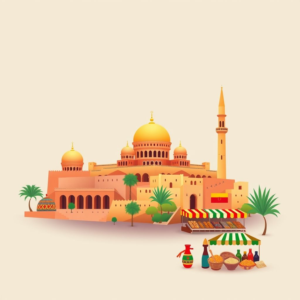 Ultra-high-definition gradient illustration of Zelmata, Hachem, Mascara, Algeria, featuring the Great Mosque of Tlemcen, Mansourah ruins, local pottery, Berber textiles, and couscous.