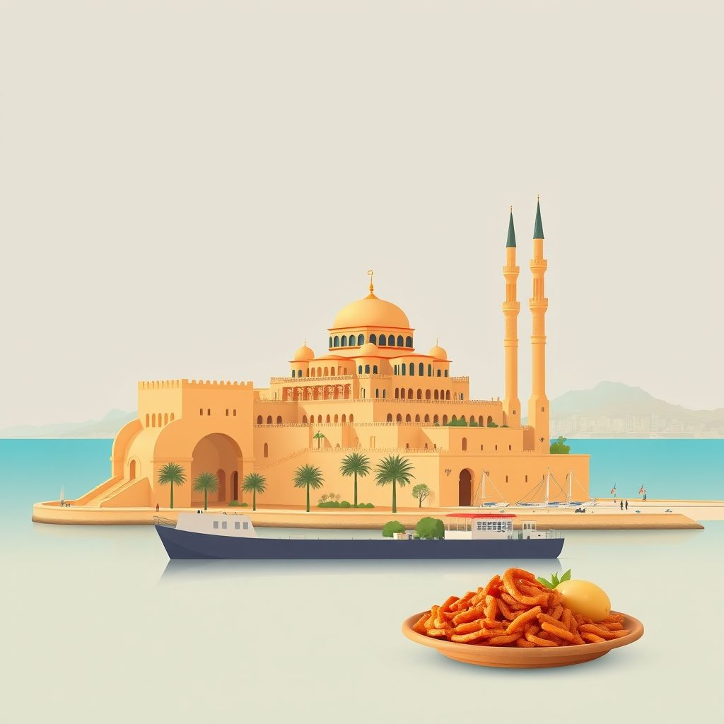 Ultra-high-definition gradient illustration of M'Sirda Fouaga, Marsa Ben Mehdi, Tlemcen, Algeria, featuring El Mechouar Palace, the Great Mosque of Tlemcen, the coastline, and local cuisine.