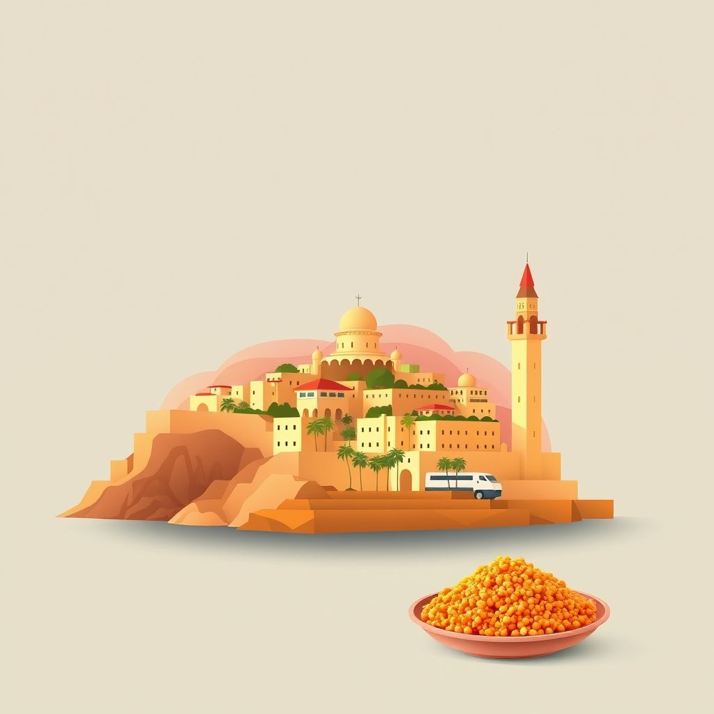 Ultra-high-definition gradient illustration of Boussif Ouled Akseur, Taher, Jijel, Algeria, featuring Jijel Beach, the historic Corniche Jijelienne, and couscous.