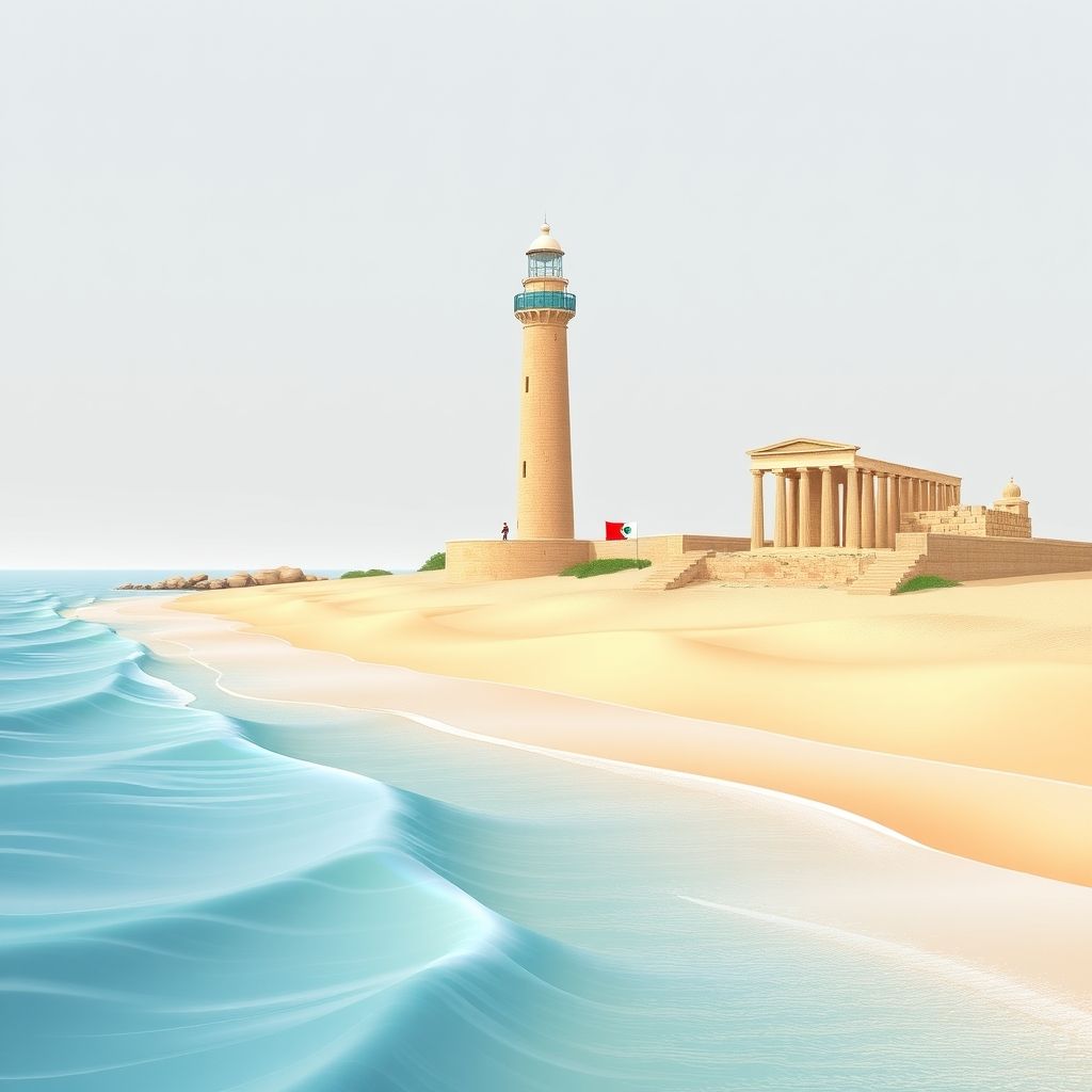 Ultra-high-definition gradient illustration of Sayada, Kheir Eddine, Mostaganem, Algeria, featuring Sayada Beach, historic lighthouse, traditional pottery, Roman ruins, and couscous.