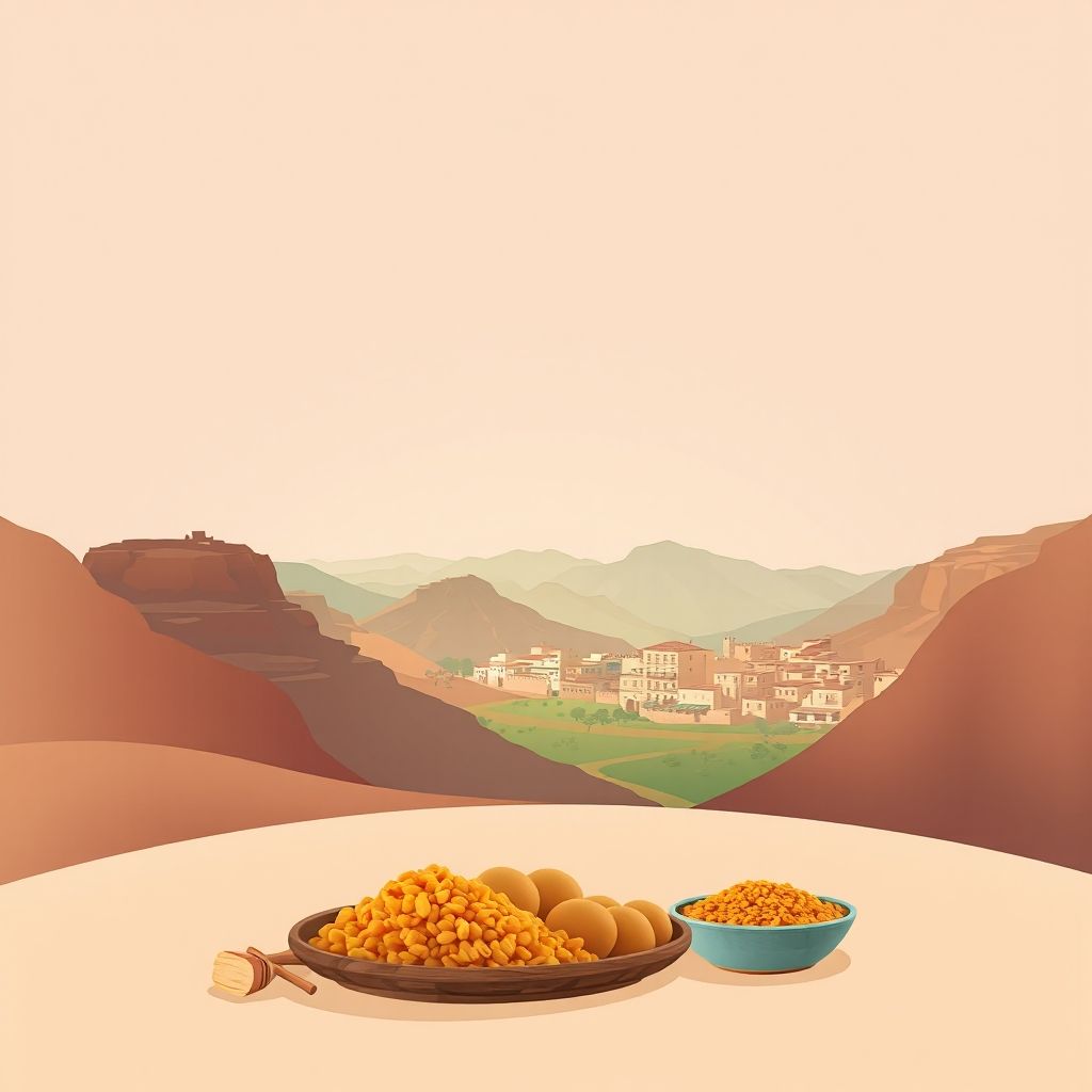 Ultra-high-definition gradient illustration of Oued M'Zi, Oued Morra, Laghouat, Algeria, featuring M'Zab Valley, Laghouat town, and couscous.