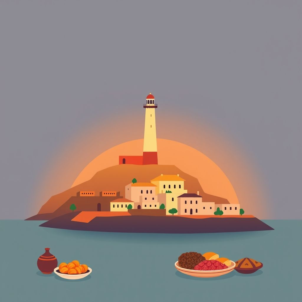 Gradient illustration of Nekmaria, Achaacha, Mostaganem, Algeria, featuring the Mostaganem Lighthouse, historic sites, and local specialties like couscous and pastilla.