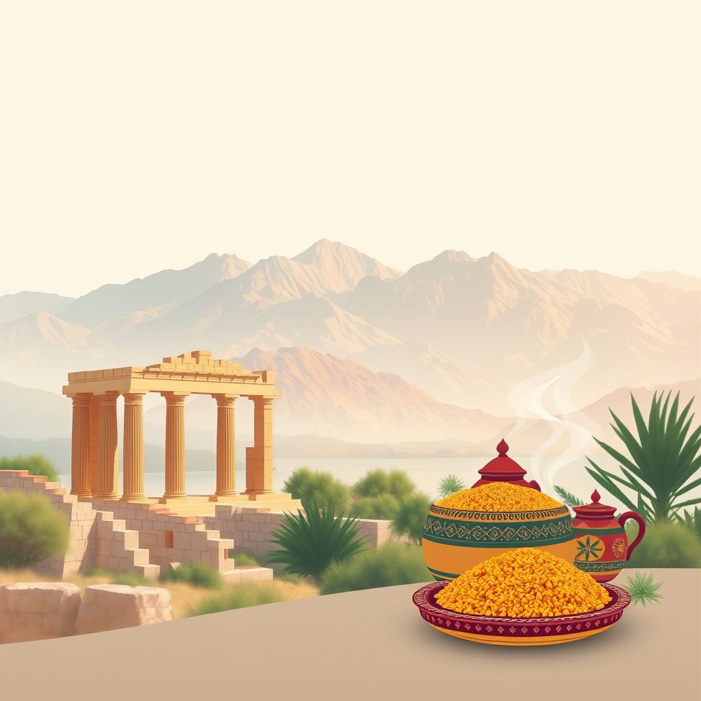 Ultra-high-definition gradient illustration of Bourached, Djelida, Ain Defla, Algeria, featuring ancient Roman ruins, Atlas Mountains, traditional pottery, and couscous.