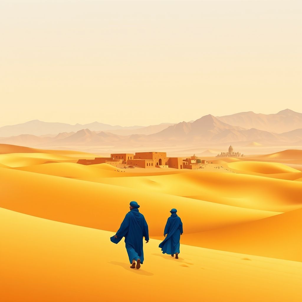 Ultra-high-definition gradient illustration of Timiaouine, Adrar, Algeria, featuring the ancient ksar, Saharan landscape, and Tuareg nomads.