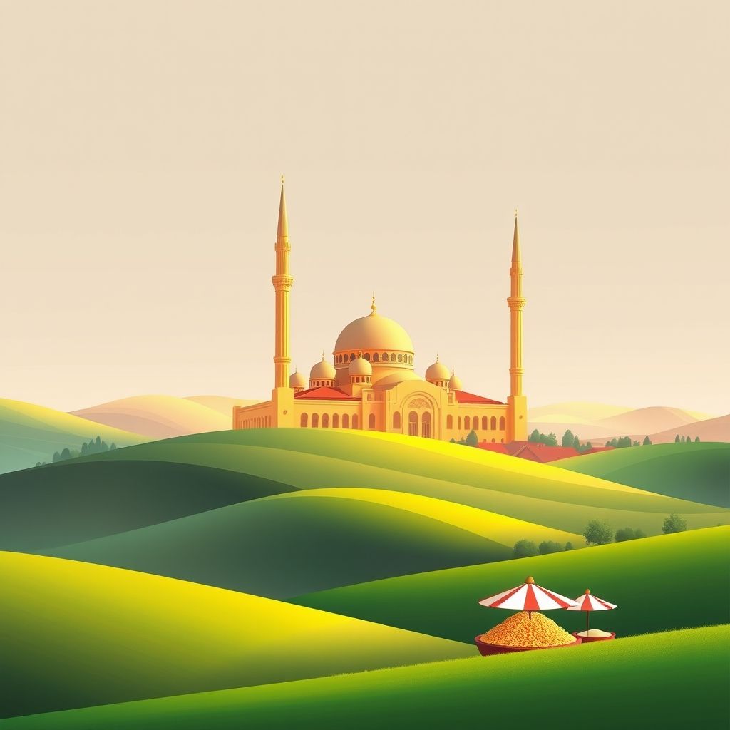 Ultra-high-definition gradient illustration of Ouled Khellouf, featuring the Mosque of Ouled Khellouf, scenic landscapes, and local cuisine like couscous.