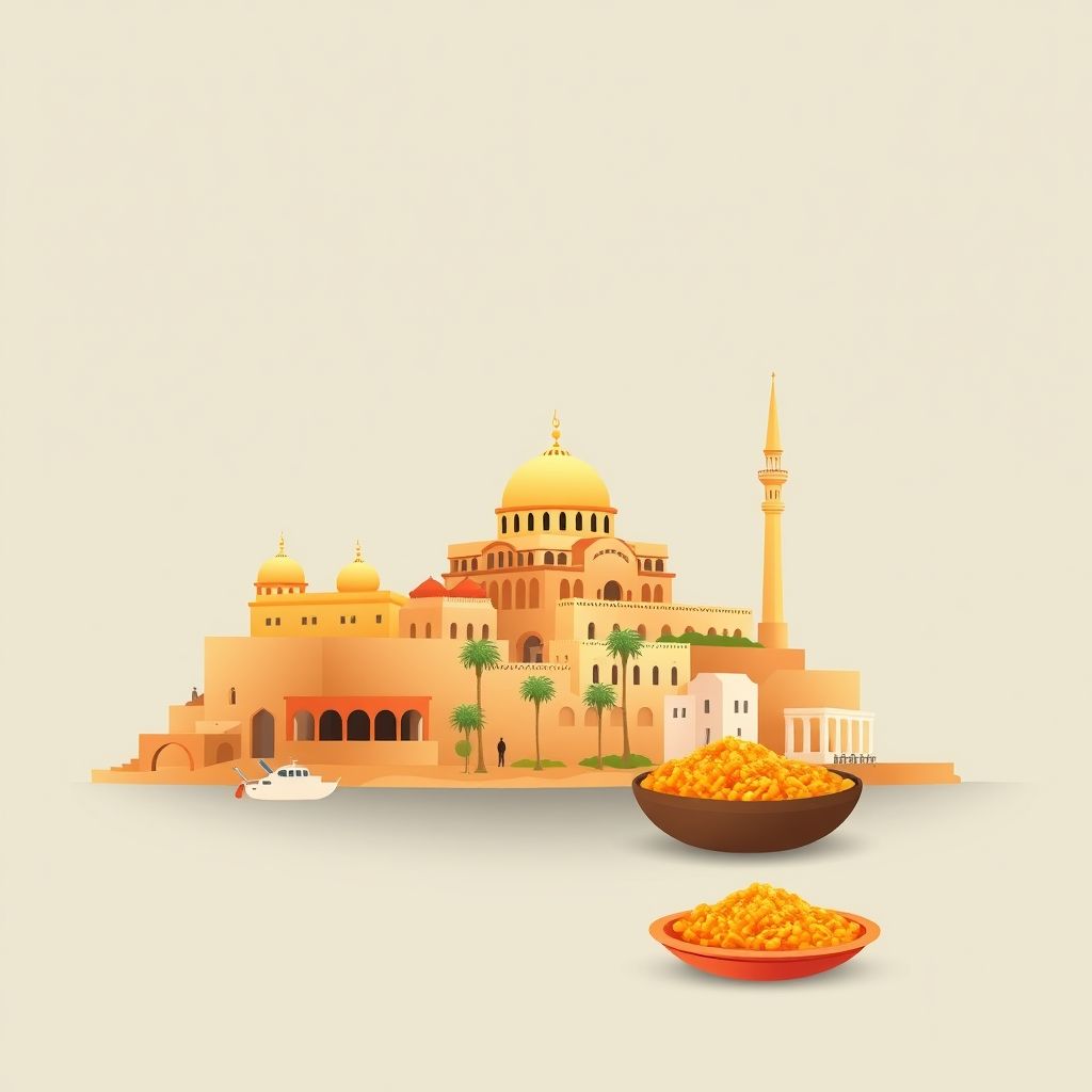 Gradient illustration of Bouzedjar, El Amria, Ain Temouchent, Algeria, featuring Sidi Boumediene Mosque, Ain Temouchent coastline, and traditional Algerian couscous.