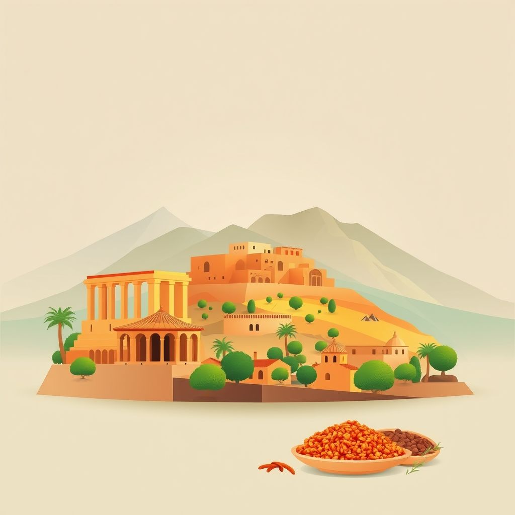 Ultra-high-definition gradient illustration of Ras El Agba, featuring Guelma's Roman ruins, national parks, couscous, and tagine.