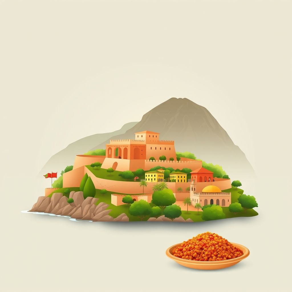 Ultra-high-definition gradient illustration of Berrihane, Ben M'hidi, El Tarf, Algeria, featuring the beautiful coastline of El Tarf, El Kala National Park, traditional architecture, El Kala fort, and couscous.