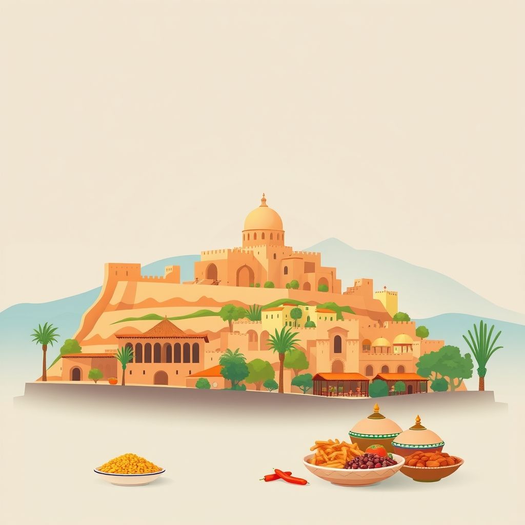 Ultra-high-definition gradient illustration of Tousmouline, Bougtoub, El Bayadh, Algeria, featuring ancient ruins, scenic landscapes, Berber architecture, local markets, couscous, and tagine.