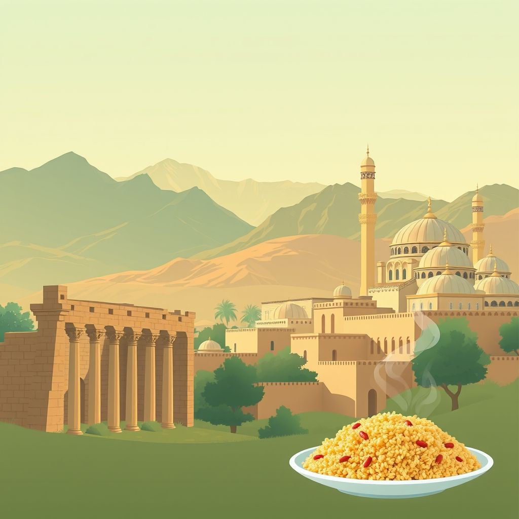 Ultra-high-definition gradient illustration of Maafa, Ain Touta, Batna, Algeria, featuring Timgad ruins, Aures Mountains, Berber architecture, historic mosques, and couscous.