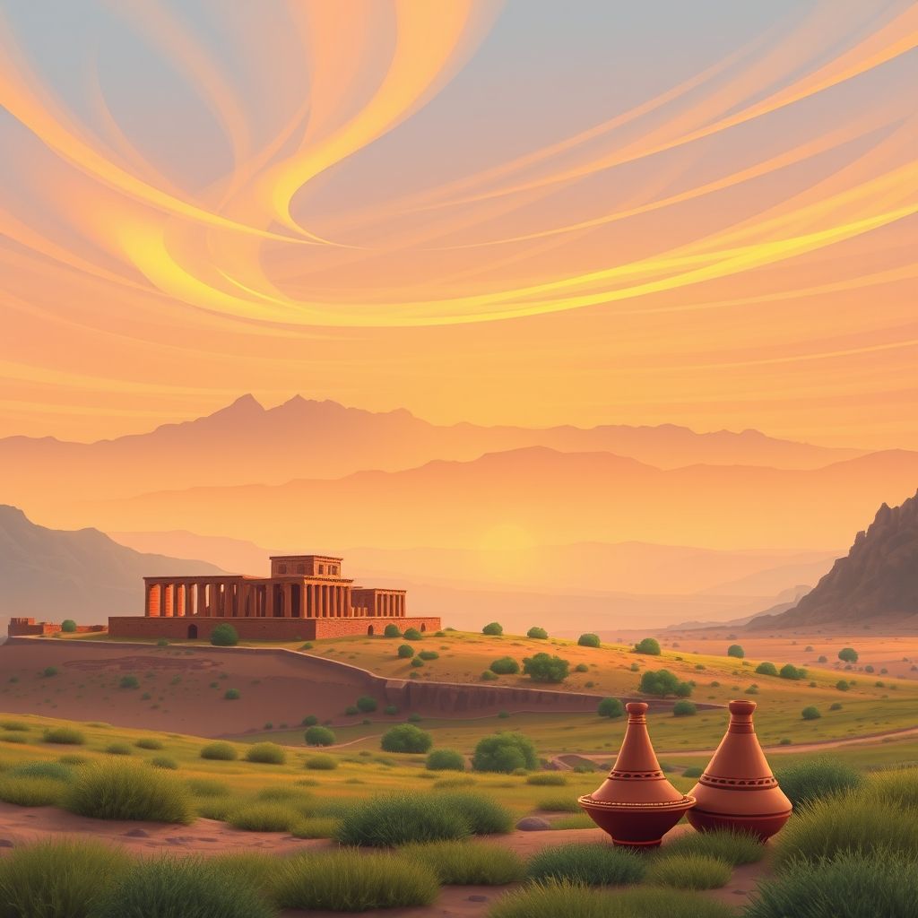 Ultra-high-definition gradient illustration of Oued Chaaba, featuring Timgad Roman ruins, Aures Mountains, and local foods like couscous and tagine.