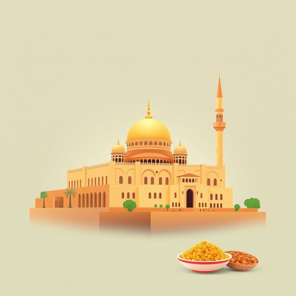 Ultra-high-definition gradient illustration of Sidi Daho, Algeria with the Great Mosque of Sidi Bel Abbes and Sidi Ali Boussidi Mausoleum.