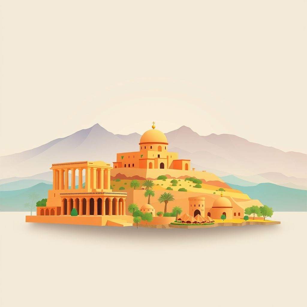 Ultra-high-definition gradient illustration of Tilatou, Seggana, Batna, Algeria, featuring the ancient Roman ruins of Timgad, the Aurès Mountains, and local cuisine like couscous and mechoui.
