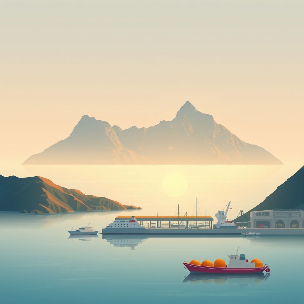 Ultra-high-definition gradient illustration of Bouhamza, Seddouk, Bejaia, Algeria, featuring Cap Carbon, Bejaia Port, Bourek, and Couscous.