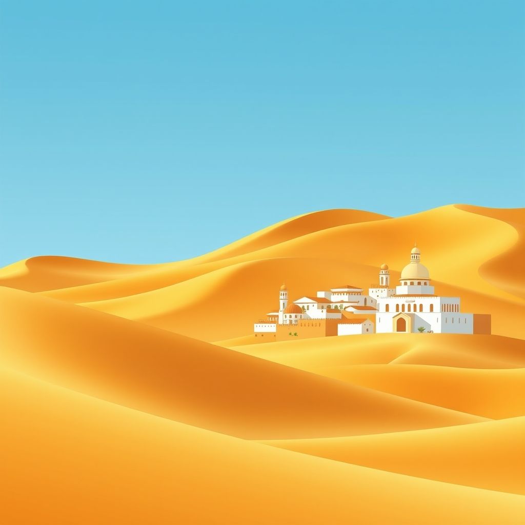 Ultra-high-definition gradient illustration of El Outaya, Biskra, Algeria, featuring Saharan sand dunes, the historic town of El Outaya, and local specialties like couscous and tagine.