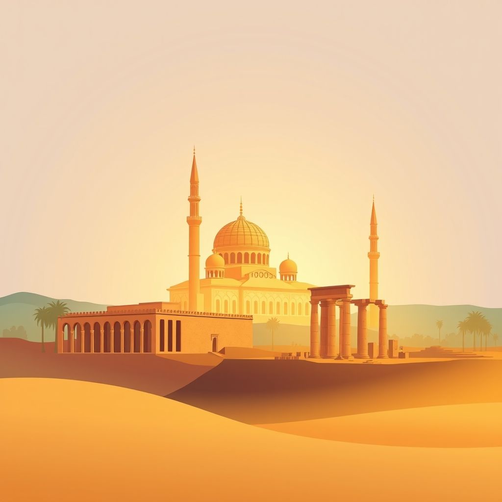 Ultra-high-definition gradient illustration of Hasnaoua, Medjana, Bordj Bou Arreridj, Algeria, featuring Sidi Boumerouane Mosque, Lambaesis ruins, and couscous.