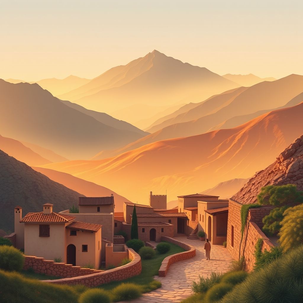 Ultra-high-definition gradient illustration of Ait Bouadou, showcasing Djurdjura National Park, the historic village, and traditional Berber cuisine like couscous.