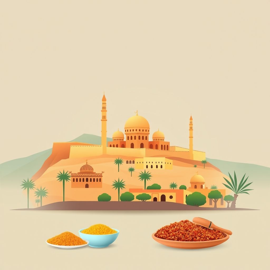 Ultra-high-definition gradient illustration of Bounoura, Ghardaia, Algeria, featuring the M'zab Valley, historic mosques, couscous, and tagine.
