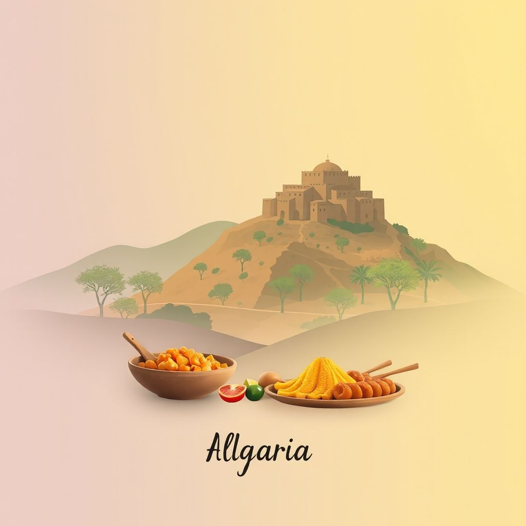 Ultra-high-definition gradient illustration of El Adjiba, Bechloul, Bouira, Algeria, featuring Djurdjura National Park, Tombeau de la Chrétienne, and couscous.