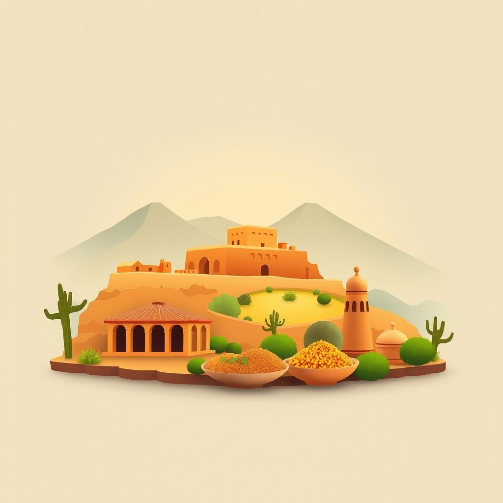 High-definition gradient illustration of Ridane, Algeria, featuring the ancient ruins of Djemila, Djurdjura National Park, and local dishes like couscous and tagine.