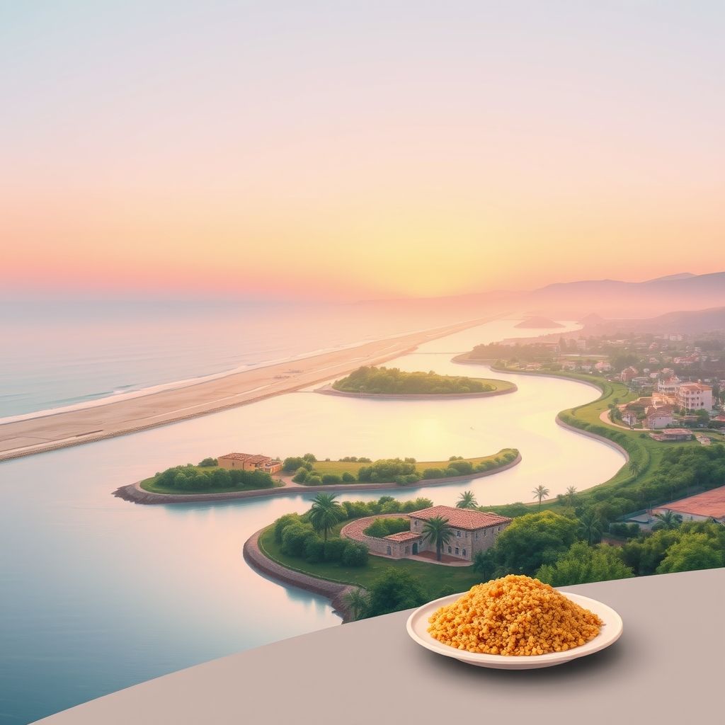 Ultra-high-definition gradient illustration of Timezrit, Isser, Boumerdes, Algeria, featuring Boumerdes Beach, the Isser River, and couscous.