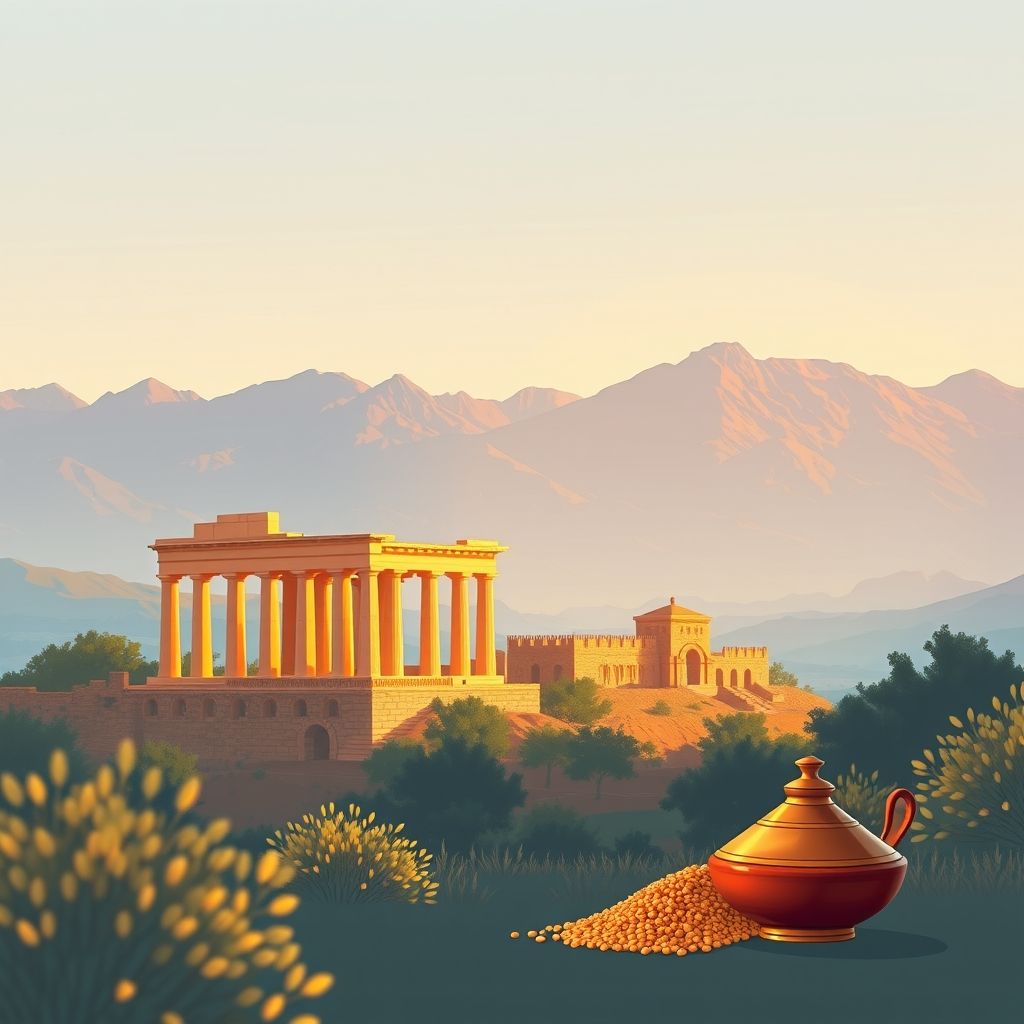 Ultra-high-definition gradient illustration of Belaiba, Magra, M'Sila, Algeria, featuring ancient Roman ruins, Atlas Mountains, couscous, and tagine.