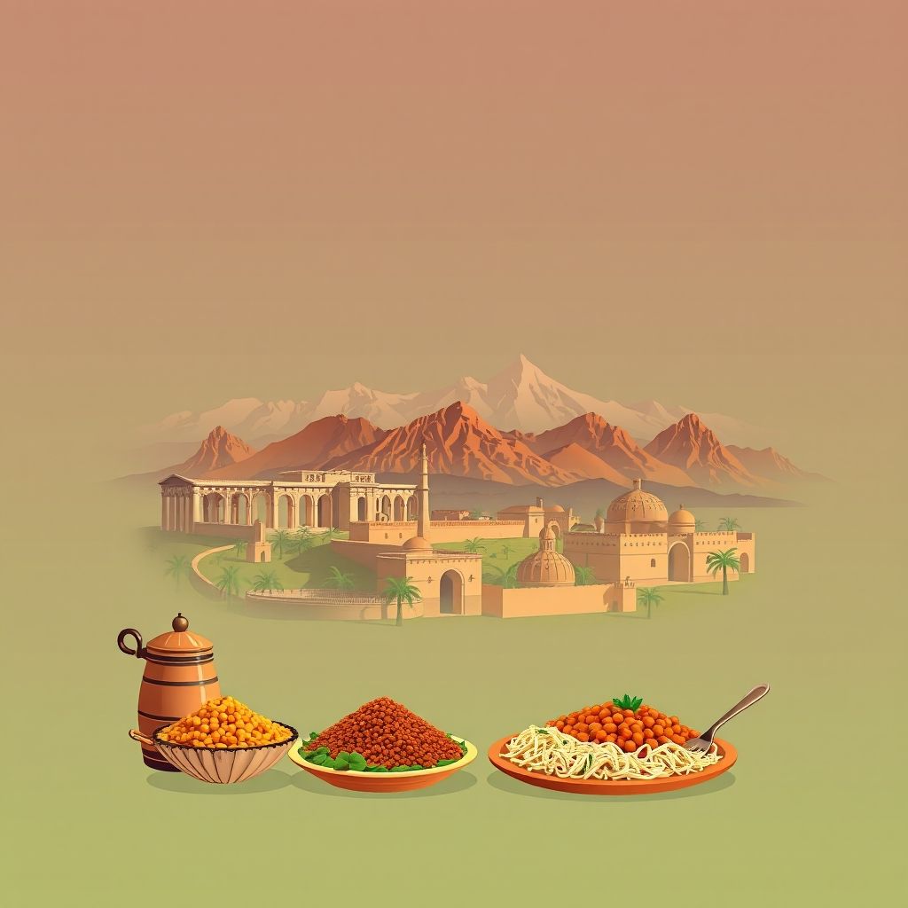 Ultra-high-definition gradient illustration of Ouled Slimane, Ben Srour, M'Sila, Algeria, featuring ancient Roman ruins, Saharan Atlas Mountains, and local specialties like couscous and tagine.