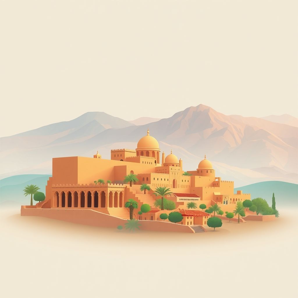 Ultra-high-definition gradient illustration of Tarmount, Hammam Dalaa, M'Sila, Algeria, featuring ancient Roman ruins, the Atlas Mountains, and traditional Berber textiles.