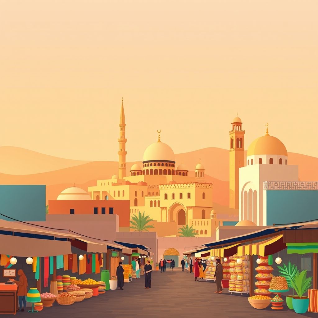 Ultra-high-definition gradient illustration of Sehailia, showcasing the Great Mosque of Tlemcen, El Mechouar Palace, traditional architecture, local markets, couscous, and mechoui.