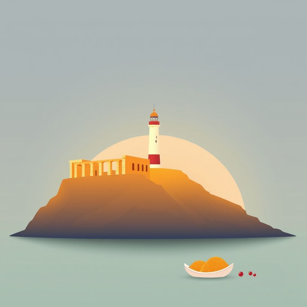 High-definition gradient illustration of Ben Choud, Dellys, Boumerdes, Algeria, featuring the Dellys Roman Ruins, the Dellys Lighthouse, and couscous.