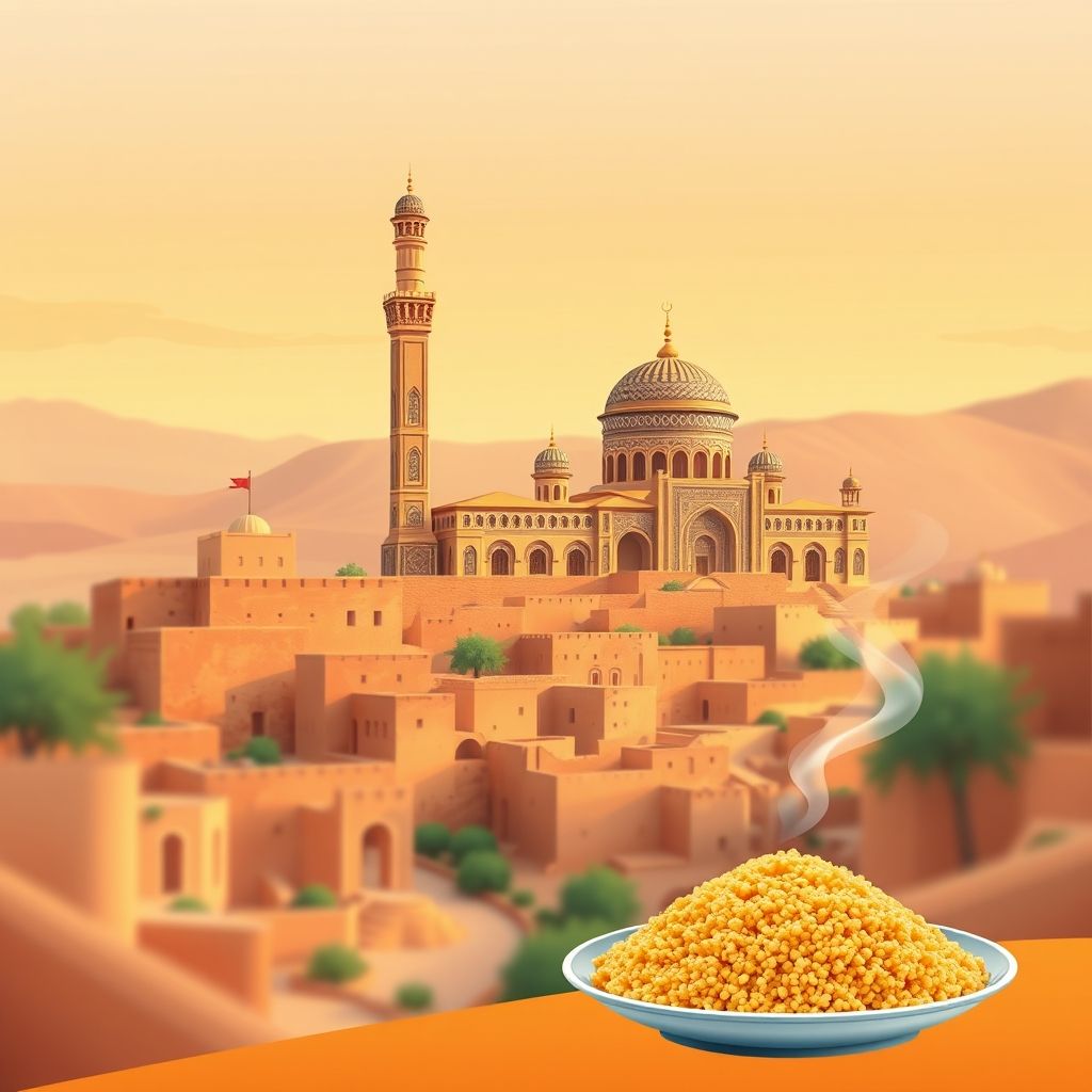 Ultra-high-definition gradient illustration of Ksar Kaddour, Adrar, Algeria, featuring the Great Mosque of Tamentit, historic ksar architecture, and traditional couscous.
