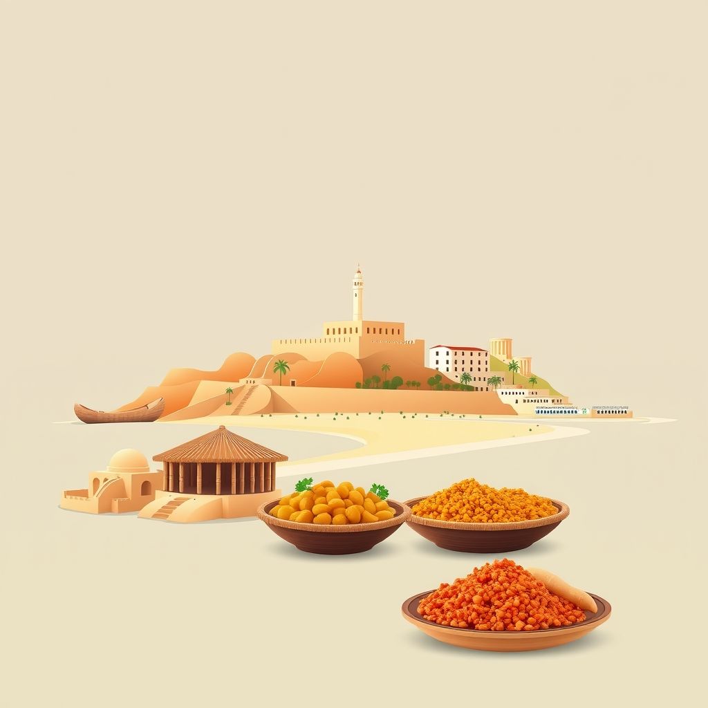 Ultra-high-definition gradient illustration of Cheraia, featuring Collo Beach, Roman ruins, and local couscous.