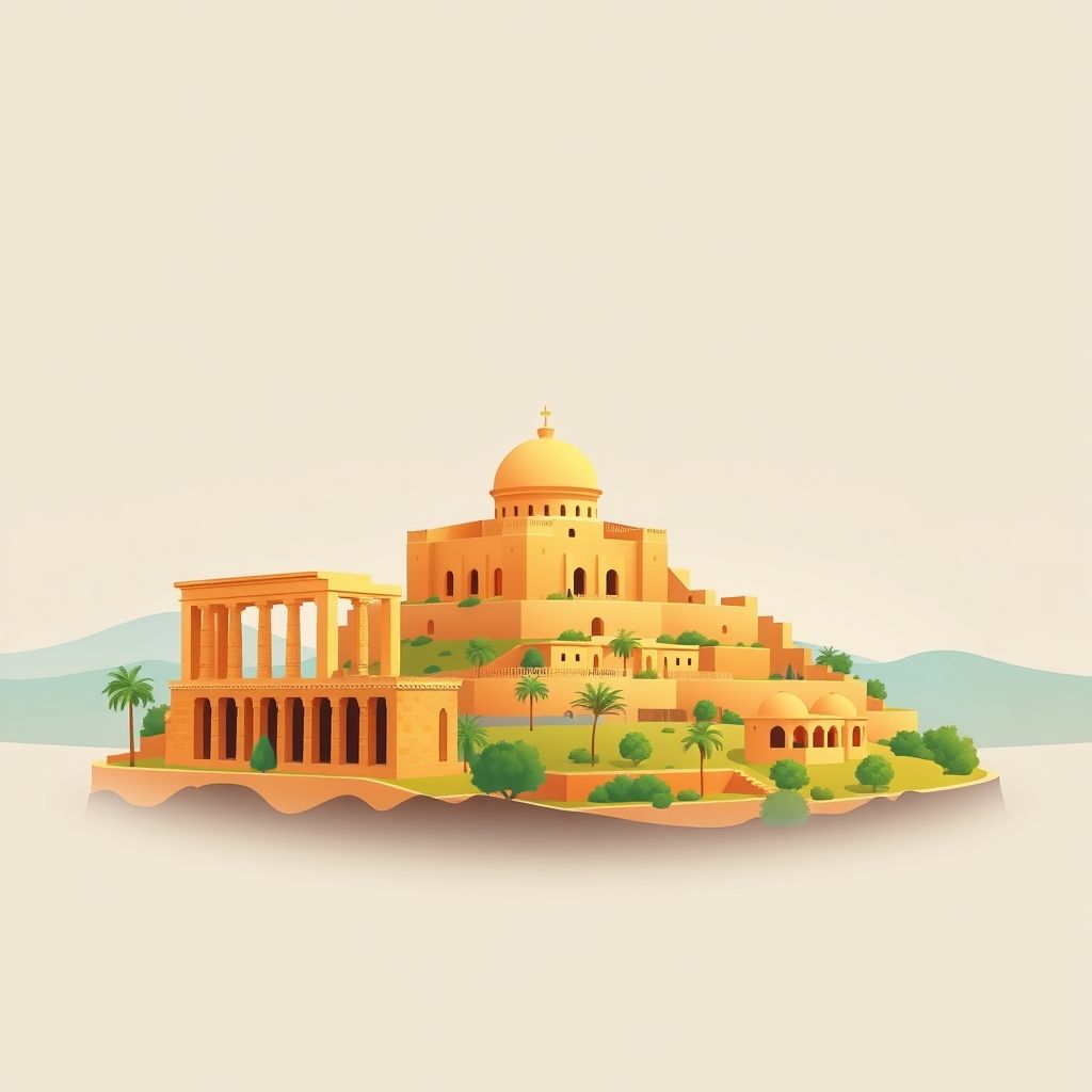 Ultra-high-definition gradient illustration of Ain Beida Harriche, Mila, Algeria, featuring ancient Roman ruins, landscapes, and local cuisine like couscous.