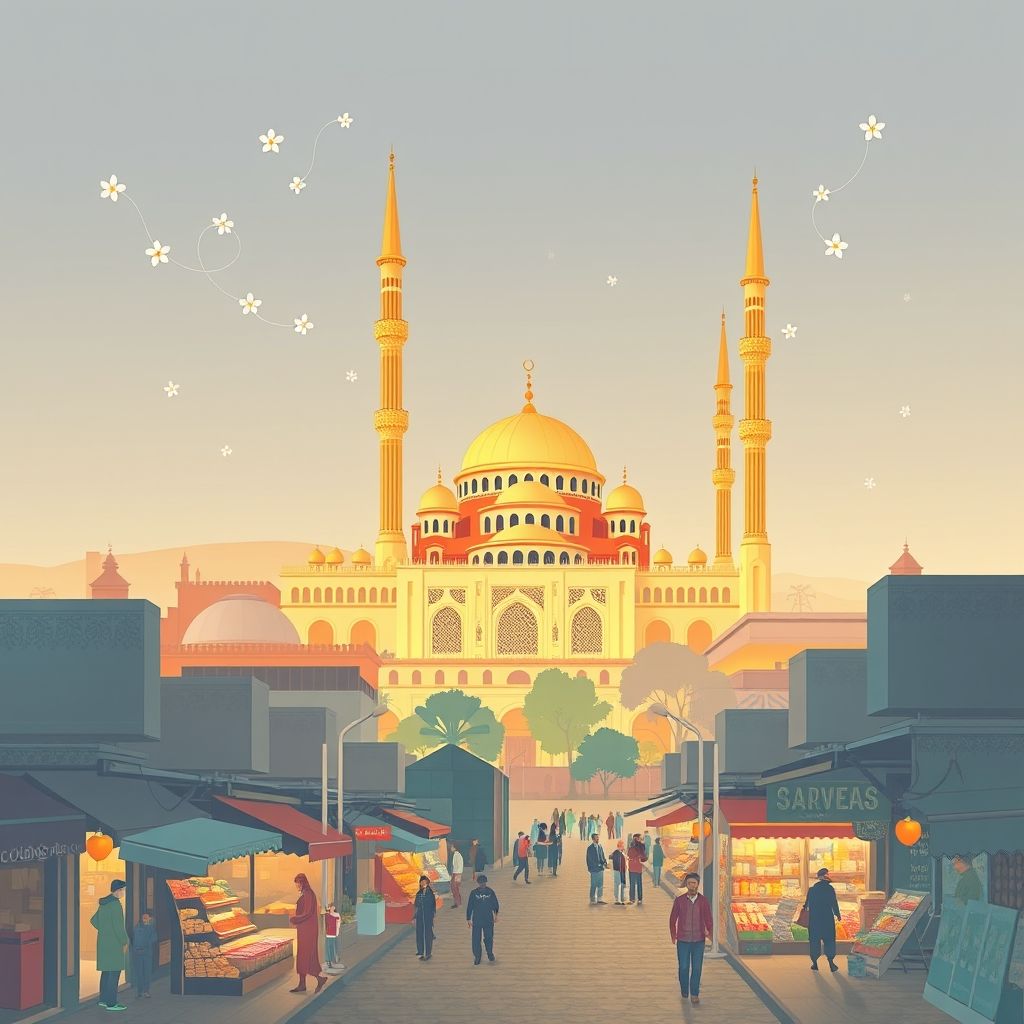 Ultra-high-definition gradient illustration of Kouba, Hussein Dey, Algiers, Algeria, featuring the Kouba Mosque, markets, mosaic patterns, and local specialties.