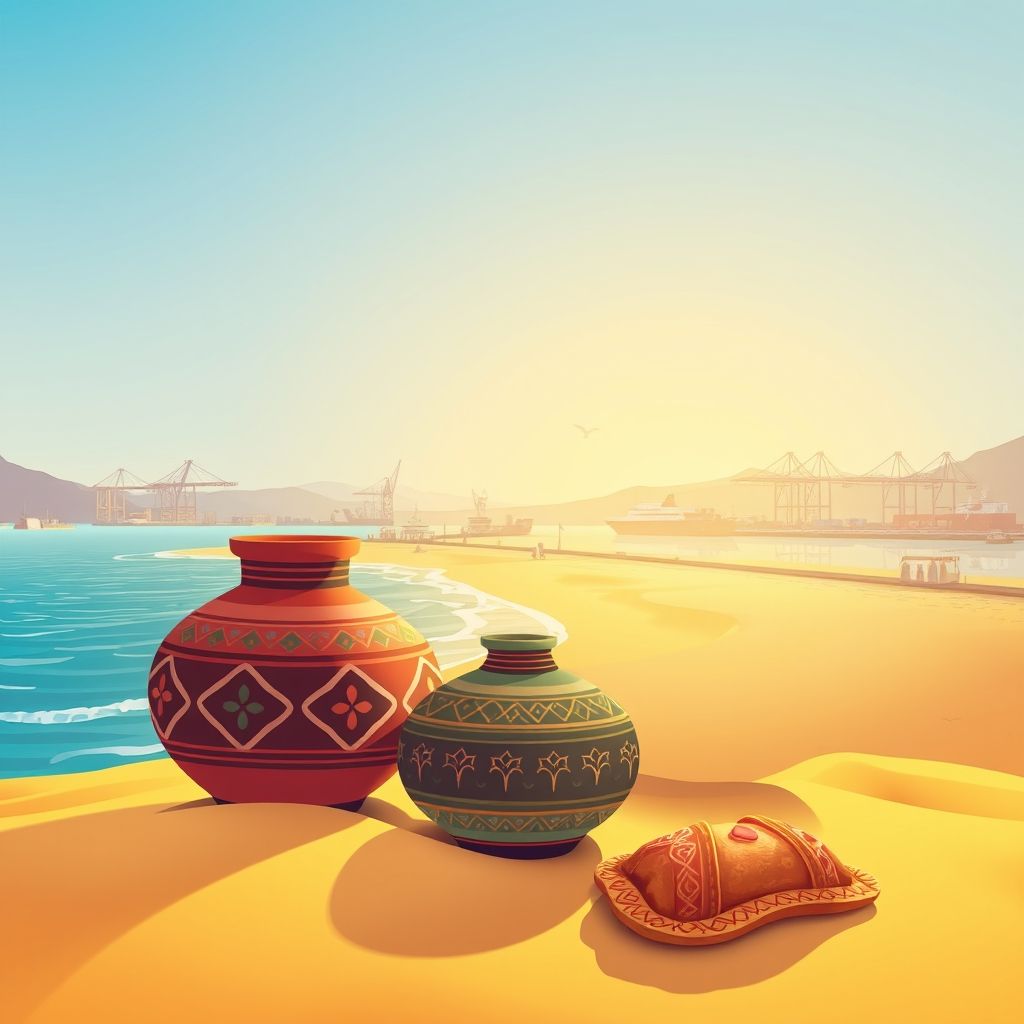 Ultra-high-definition gradient illustration of El Ghedir, Azzaba, Skikda, Algeria, featuring Skikda Port, Stora Beach, traditional Algerian pottery, and Makroudh.