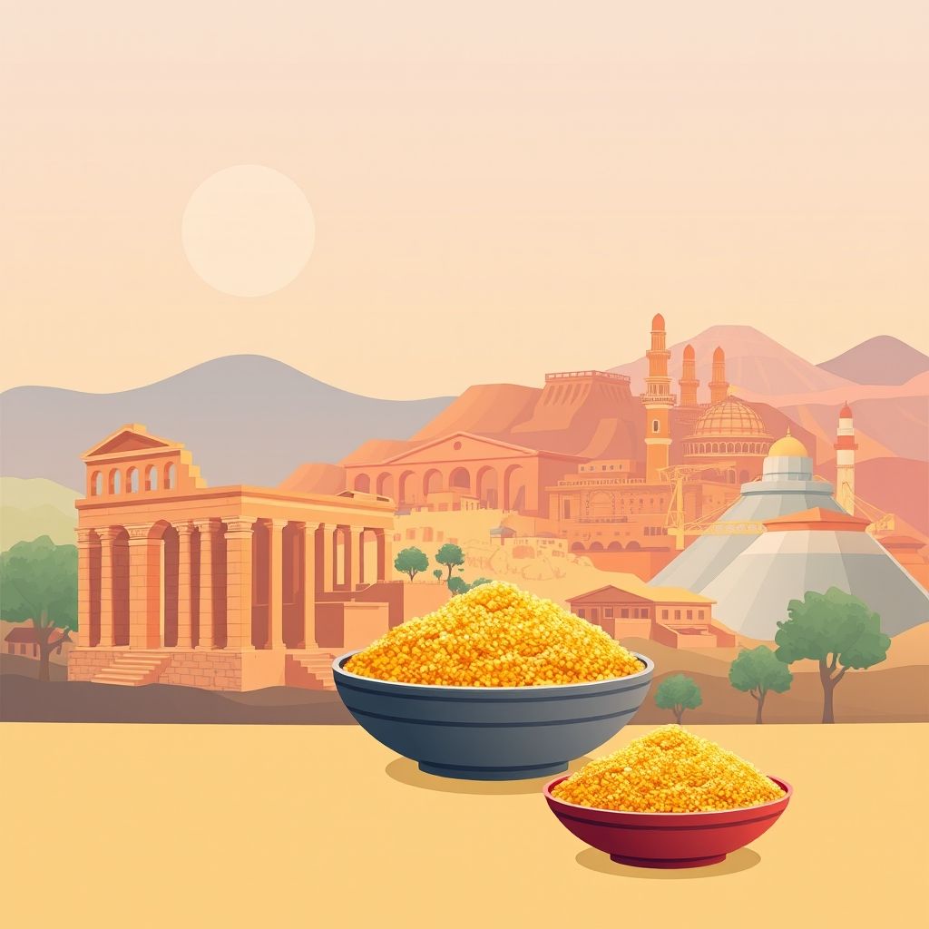 Ultra-high-definition gradient illustration of El Meridj, Ouenza, Tebessa, Algeria, featuring Roman ruins, Ouenza mines, and couscous.