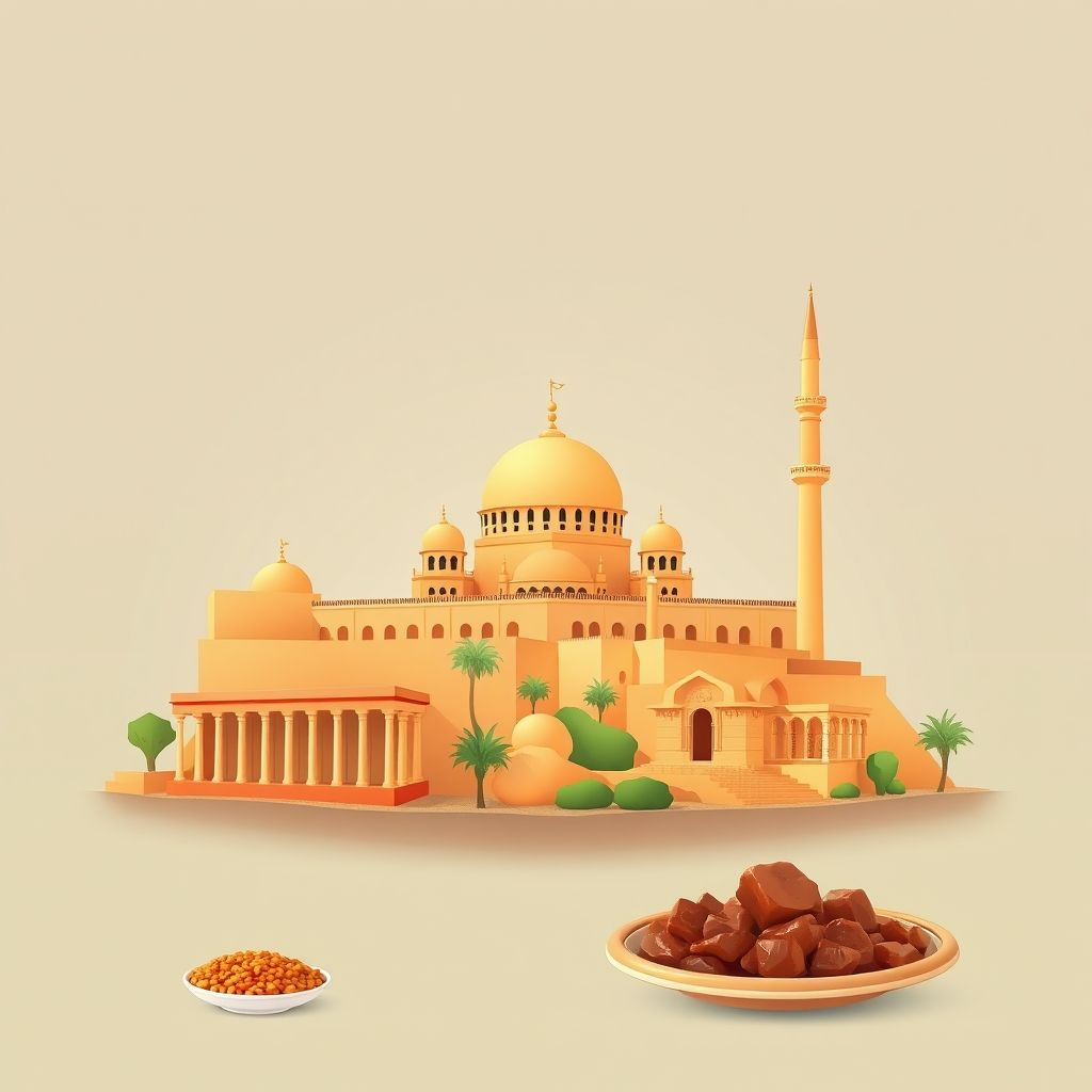Ultra-high-definition gradient illustration of Ain Bouchekif, Dahmouni, Tiaret, Algeria, featuring the Great Mosque of Tiaret, ancient Roman ruins, and local foods like couscous.
