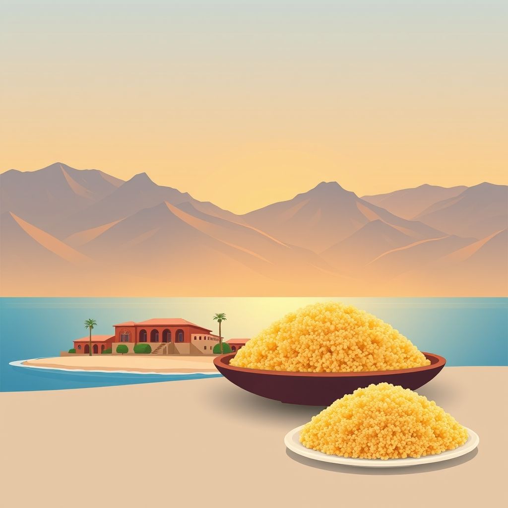 Ultra-high-definition gradient illustration of Mizrana, Tigzirt, Tizi Ouzou, Algeria, featuring scenic mountains, the Mediterranean coastline, Kabyle culture, and couscous.